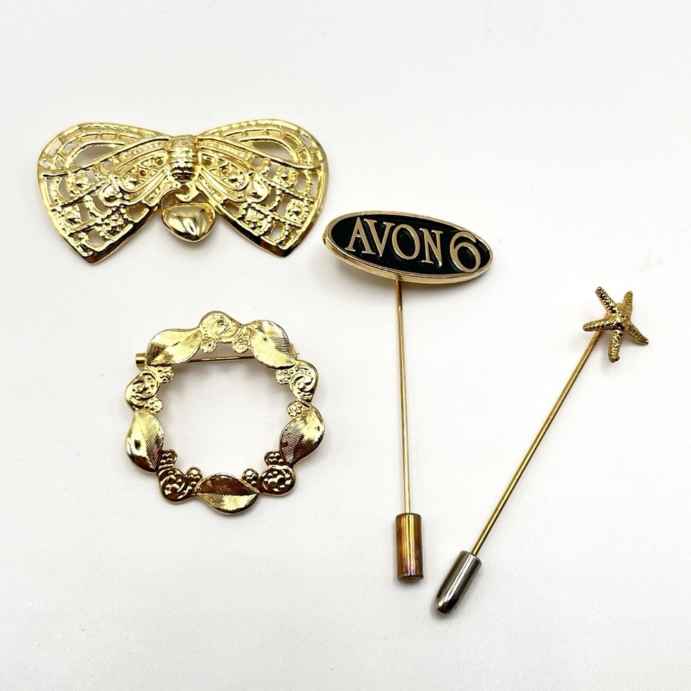 Lot of 4 Vintage Retro MCM Gold Tone Small Bow Avon 6 Circle Brooch Stick Pins